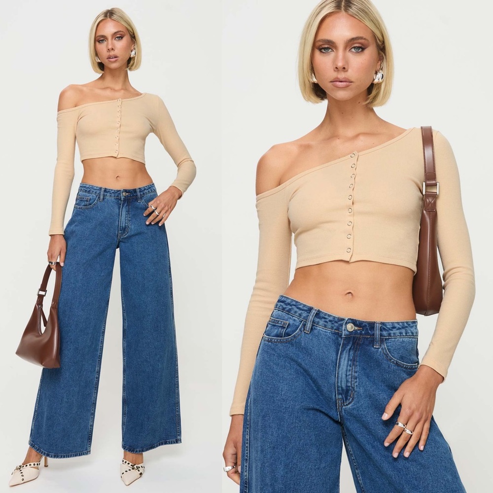 Princess Polly Organic Cotton Hisie One Shoulder Top Beige NWT Size 4